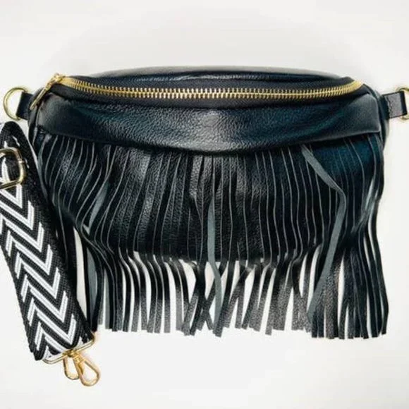 Fringe Cross Body Bum Bag Black - Picture 1 of 5